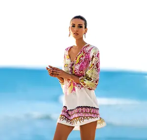 2024 Bohemian Lace Up Sheer Women Blouse Shirt Chiffon Bikini Bathing Suit Kimono Swimsuit Beach Dress Swimwear Cover Up