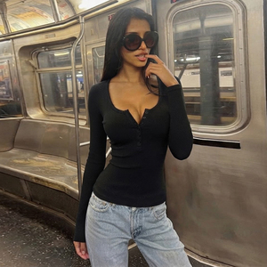 American Casual Half Placket Button Front Crewneck Knit Layering <b>Top</b> Hot Girl Basic Slim Fit Flattering Regular Shoulder <b>Top</b> - Product Image 4