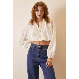 Blusa Corta con Mangas Abullonadas, Blanca, de Popelina Transparente, Informal, para Mujer, para Uso Diario - Product Image 5