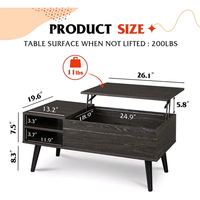 Table basse en bois Combohome noire avec plateau relevable et grande étagère de rangement dissimulée, table à manger relevable pour salon