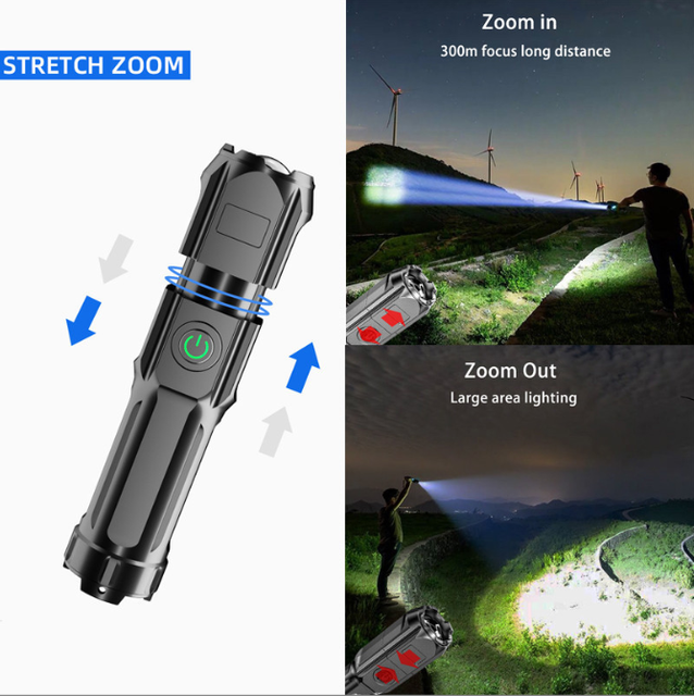Portable Rechargeable LED Scalable Zoomable ABS XPE Flashlight for Camping Bright Fishing Hiking