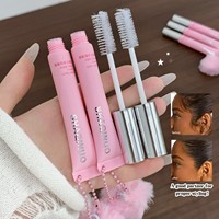 SHAQINUO Velvet-Touch Flyaway Taming Balm Tabung Pink Lucu dengan Aksesoris Pom Pom dan Sikat Terintegrasi Krim Penata Rambut Tidak Lengket