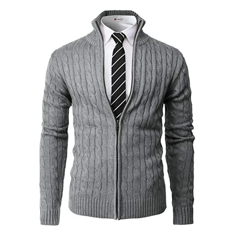 Gabardina cortavientos para hombre, chaqueta con cuello levantado de Color sólido, cárdigan de punto con cremallera, suéter, Otoño, 2021