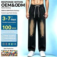 Pantalon Noir Délavé Style Urbain avec Taille Élastique, Bordures Brutes, Cordon de Serrage et Broderie Simple, Coupe Ample