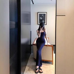 Spaghetti Strap Dress Women Summer Sexy Mid Length Tight Fitting Figure Hugging Fishtail Skirt Solid Color Bodycon Evening Dress - Product Image 4