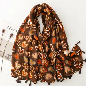 Wholesale latest girl's love pattern printed tassel shawls summer beach sarong cover up fashion women viscose cotton scarf hijab