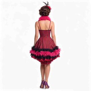 Vestido Corto de Corsé <span class=keywords><strong>Burlesque</strong></span> de Poliéster a Rayas Rojas y Negras con Adorno de Plumas Esponjosas, Disfraz de Showgirl de Cabaret, Estilo Vintage Pinup - Product Image 3