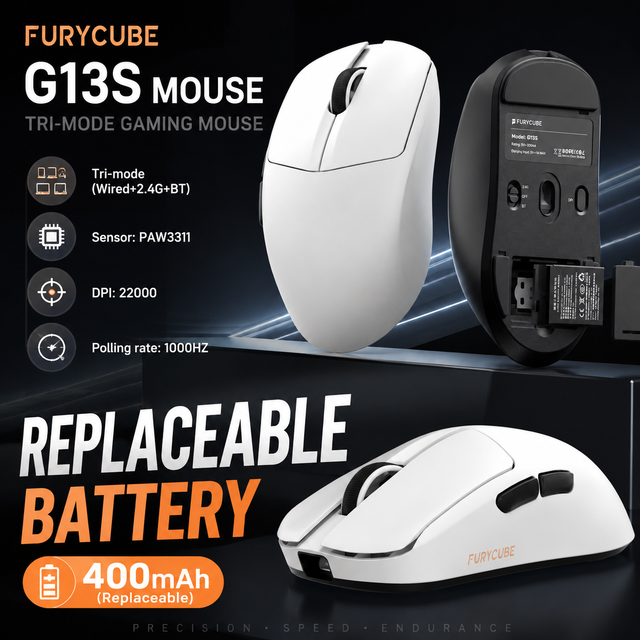 FURYCUBE G13S Wireless Mice Tri-mode 0.125ms Latency PAW3311 22000 DPI Lightweight Replaceable Battery E-sports Gaming Mouse