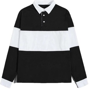 Polo de manga larga para hombre, con bloques de color, tejido, corte regular, diseño informal a rayas, patrón en blanco y negro. - Product Image 1