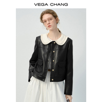 VEGA CHANG Printemps Fille Doux et Cool Manteau Noir Court Couleur Contrastée Patchwork Col de Poupée Veste en Cuir