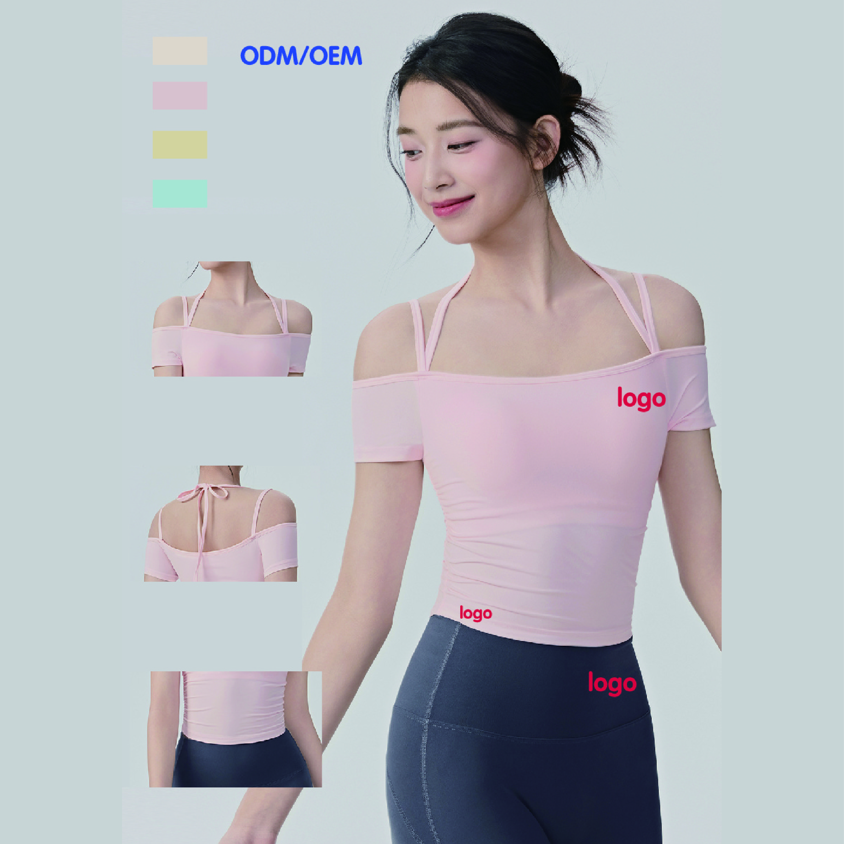 OEM Manufacturer Womens With Pads Off Shoulder Halter Neck Tie Detail Flattering Fit Pilates Yoga Short Sleeve Top for Fitness
