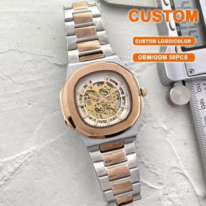Montre automatique mécanique de luxe pour homme, cadran squelette, en acier inoxydable doré, aiguilles lumineuses, fonction réserve de marche, vente en gros - Product Image 1