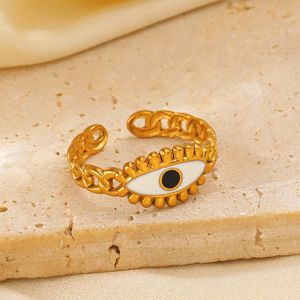 New Gold Plated Stainless Steel Open Adjustable Black White Drip <strong>Oil</strong> Eyes Finger Ring for Women Jewelry - Product Image 4