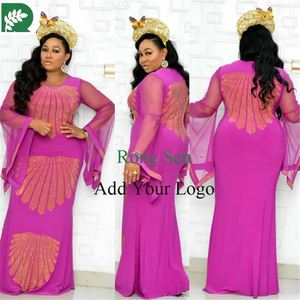 Robe africaine de taille Robe longue extensible avec motifs brillants et manches longues en filet de chauve-souris translucide - Product Image 3