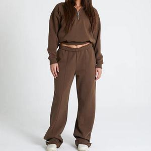 Ensemble survêtement personnalisé avec logo pour femme, sweat à capuche et pantalon de survêtement à jambes droites, molleton à demi-zip - Product Image 2