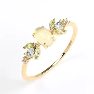 Cincin Opal alami antik untuk wanita cincin batu permata Peridot Topaz Cincin Elf hutan cincin perak murni 925 perhiasan berlapis emas LAMOON