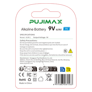 Pile alcaline PUJIMAX 9V 6LR61 6F22 1 pièce en carton, super puissance pour multimètre, télécommande, piles sèches - Product Image 2