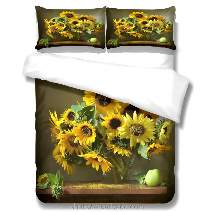 wholesale custom yellow Sunflower designed pattern Soft Bedding Set cartoon digital printing fitted Sheet flat sheets