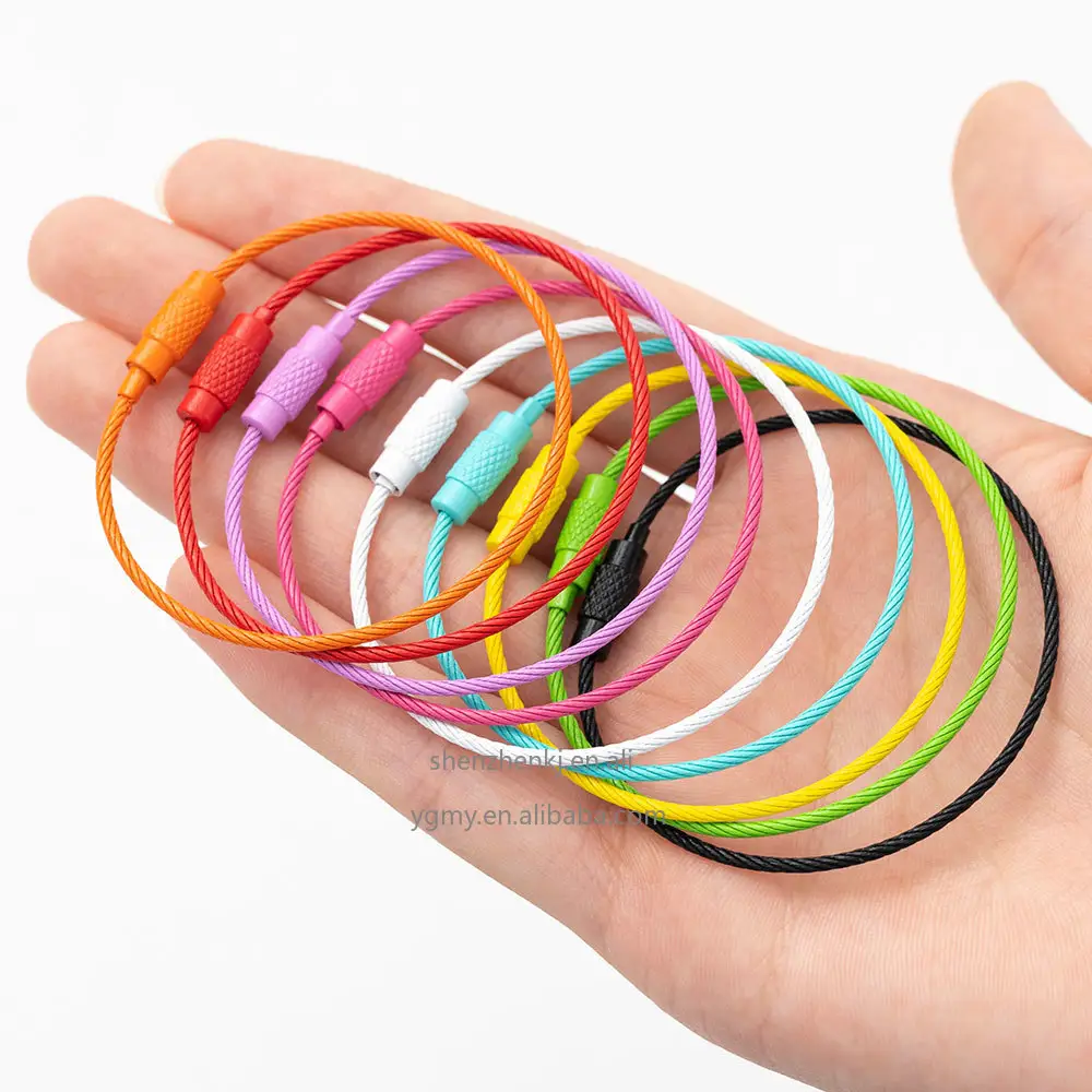 1.5mm 5.9 Inch Colorful Coated Stainless Steel Wire Ring Keychains Aircraft Cable Key Ring Loops For Hanging Luggage Tags Twist