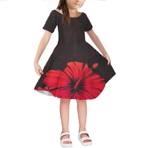 Hawaii Hibiscus Black And Red Kids Summer Dress Short Sleeve Toddler Girls Casual Clothing Dress for Kids School 4-14 Years Old