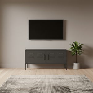 Meuble TV rectangulaire en acier gris avec niveleurs moyens, support au sol, style industriel moderne, pour salon - Product Image 2