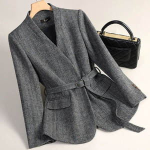 Women's Wool Blazer GDX1668 Coffee Color Slim Fit Autumn Winter Jacket With Belt For Office Wear - Product Image 2
