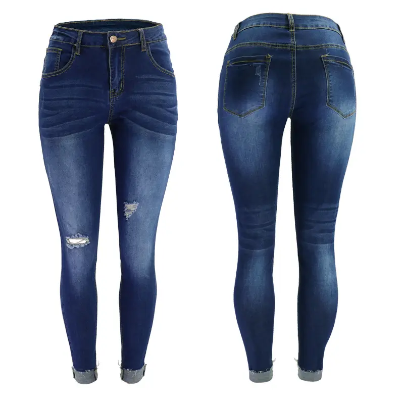 Cross - Border European And American High Stretch Low Waist Tight Sexy Hole Tassel Flip-toe Blue Women's Jeans Pants