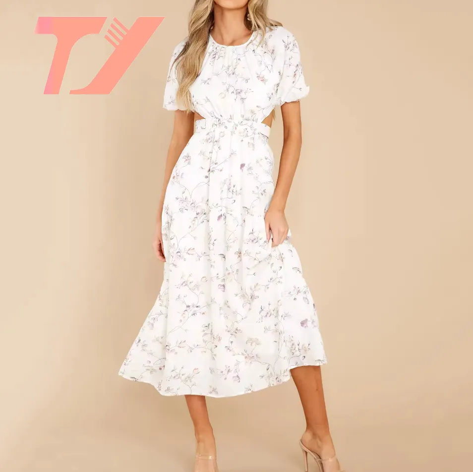 TUOYIカスタムホット販売夏の女性服ファッションパフ半袖デザインフローラルプリント中空アウトレースレディースマキシドレス