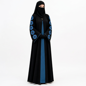 <b>Black</b> Embroidered Abaya with Niqab Blue Floral Stand Collar <b>Long</b> <b>Sleeve</b> Modest Muslim <b>Dress</b> Floor Length - Product Image 1