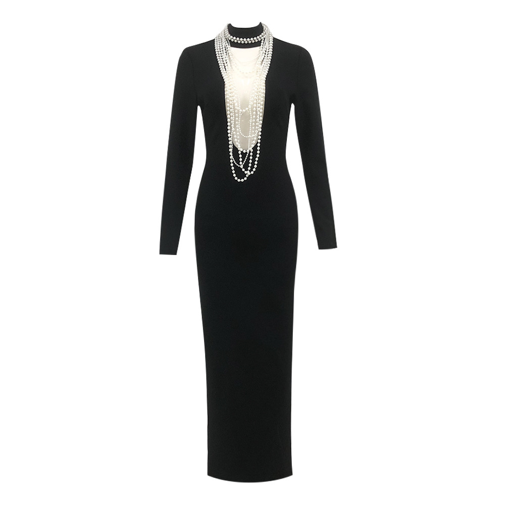 green emerald velvet dress Lady Black Tie - Pearl Trim Black Satin Midi Dress main image 1