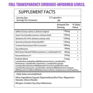 Vente directe usine – Capsules coupe-faim pour femmes au safran, thé vert et berbérine HCI – 60 capsules/flacon – Pour un poids sain - Product Image 2