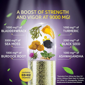 Factory Direct <strong>Sea</strong> <strong>Moss</strong> 120 Capsules Black Seed Oil Ashwagandha Bladderwrack Vitamin D3 K2 Turmeric Vitality Immunity Longervity - Product Image 4