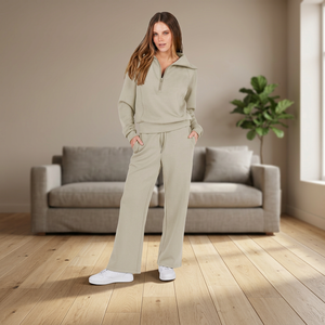 Women's 2 Piece Knitted Set Solid Color Long Sleeve Zipper <b>Top</b> Wide Leg Pants Casual Regular Fit Autumn Wear Eco-Friendly - Product Image 3