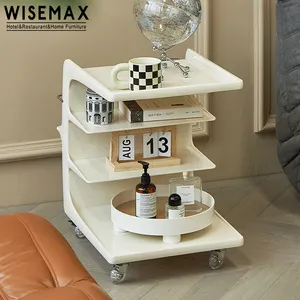 WISEMAX FURNITURE北欧のリビングルームの家具C字型の白いサイドテーブルプラスチックフレーム4層のホイール付きコーヒーテーブル