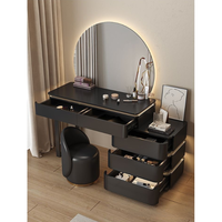 Coiffeuse de chambre style crème avec miroir LED, entièrement en bois massif, ultra-étroite, intégrée à une table de chevet rabattable, écologique