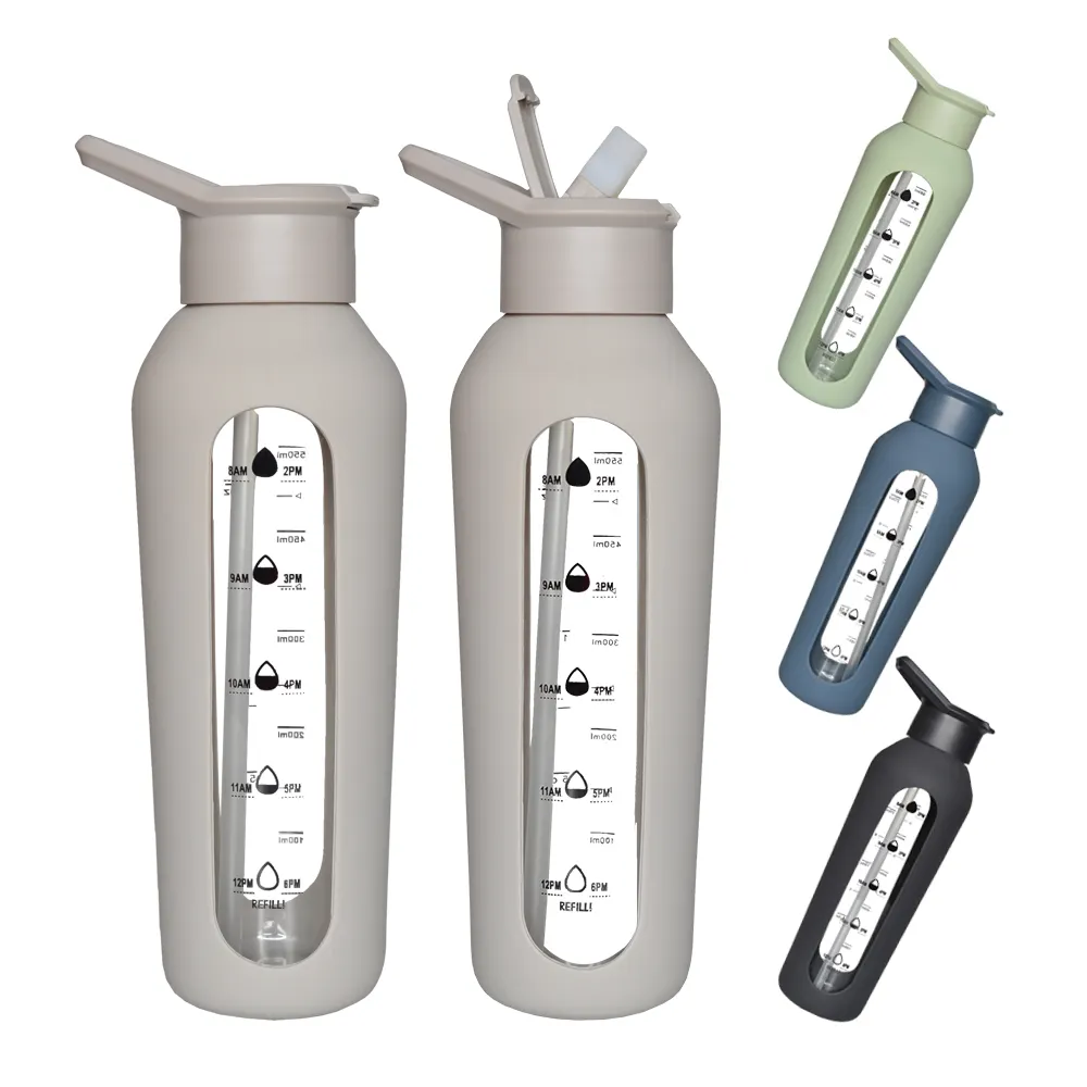 Botol Air Kaca Borosilikat 24 Oz dengan Penanda Waktu Kutipan Pengingat Anti Bocor Dapat Digunakan Kembali Botol Air Motivasi Bebas BPA