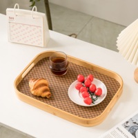 Plateau de service en bambou Honvidora durable, à coins arrondis, avec poignées creuses, motif géométrique hexagonal, base en cuir, pour cuisine et hôtel