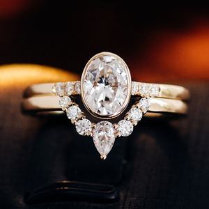 Anillo de Joyería Fina, Anillo de Oro Real de 10k, 14k, 18k, Anillo de Compromiso con Diamante, Engaste de Bisel, Corte Ovalado, D VVS, Moissanita, Conjunto de Anillos de Boda - Product Image 2