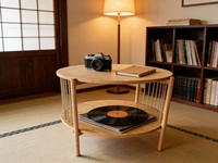 Mesa de Centro Circular Combohome, Mesa Auxiliar para Sala de Estar con Acabado en Carbón, Mesa Lateral para Sofá con Ratán Natural
