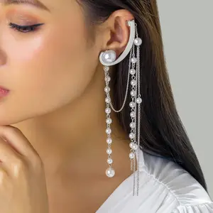 2023 Mode Perhiasan Sederhana Beras Imitasi Mutiara Antik Anting Modis Rantai Panjang Rumbai Manset Mutiara Klip Pada Anting