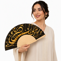 Éventail pliant en bois personnalisé de 23 cm, calligraphie arabe, éventail à main noir et or, cadeau islamique pour le Ramadan et l'Aïd
