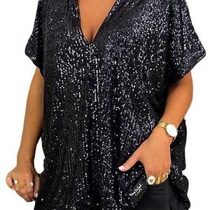 Women <b>Sequined</b> V-Neck Short Sleeve Shirt Gold Loose Fit Casual Top 3D Effect Hot Stamping Acetate Fiber - Product Image 2