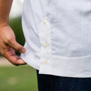 Stile OEM Guayabera <span class=keywords><strong>camicia</strong></span> <span class=keywords><strong>uomo</strong></span> bianco <span class=keywords><strong>lino</strong></span> cotone misto manica corta con ricamo modello 2 tasche per l'estate - Product Image 5