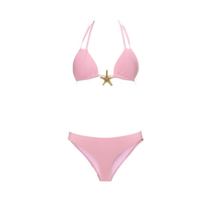 Conjunto de bikini rosa HDJ con detalle de estrella de mar, top halter y braguitas para mujer, traje de baño, ropa de playa, conjunto de 2 piezas - Product Image 1