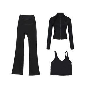 Leggings longs évasés, veste zippée intégrale, soutien-gorge sexy à col en U, vêtements de sport, entraînement respirant, ensemble de yoga 3 pièces, taille XL - Product Image 3