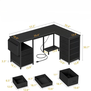 <span class=keywords><strong>Bureau</strong></span> ergonomique en forme de L pour <span class=keywords><strong>ordinateur</strong></span> <span class=keywords><strong>portable</strong></span> avec espace pour <span class=keywords><strong>imprimante</strong></span> Grande table de <span class=keywords><strong>bureau</strong></span> d'angle avec tiroirs <span class=keywords><strong>et</strong></span> étagère - Product Image 2