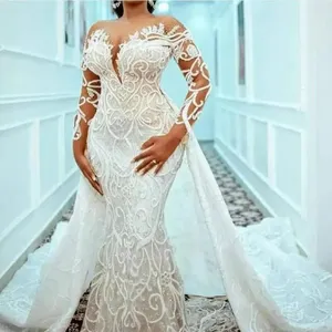 S8249F арабский Дубай великолепный длинный рукав Русалка Кружева Аппликация Съемный Поезд Свадебные платья большого размера белое свадебное платье