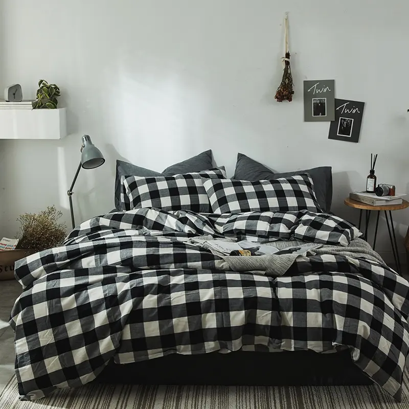Low Price Modern Style Simple Plaid Pattern Washable Cotton Bed Linen Bedsheet Home Bedding Set