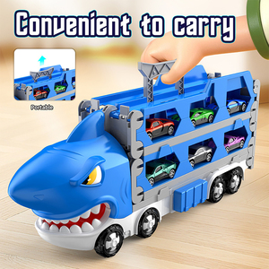 Camión de Juguete Plegable con Pista de Carreras y Cabeza de Tiburón, Transportador de Coches con 2 Vehículos de Aleación Fundida a Fricción para Niños - Product Image 5