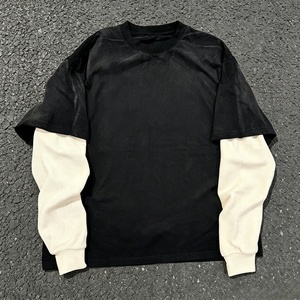 Men's Black Crew Neck T-Shirt With Cream Long Sleeve <b>Layer</b> Casual Knitted Solid Color <b>Top</b> - Product Image 1
